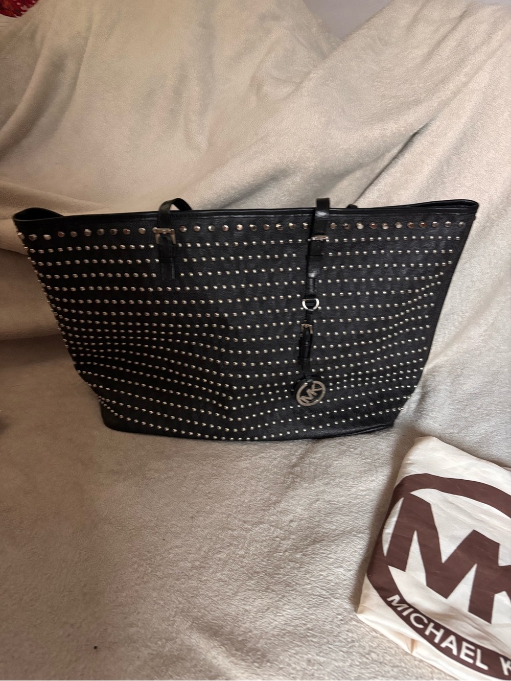 Michael Kors Collection Black Studded Tote with Logo Charm